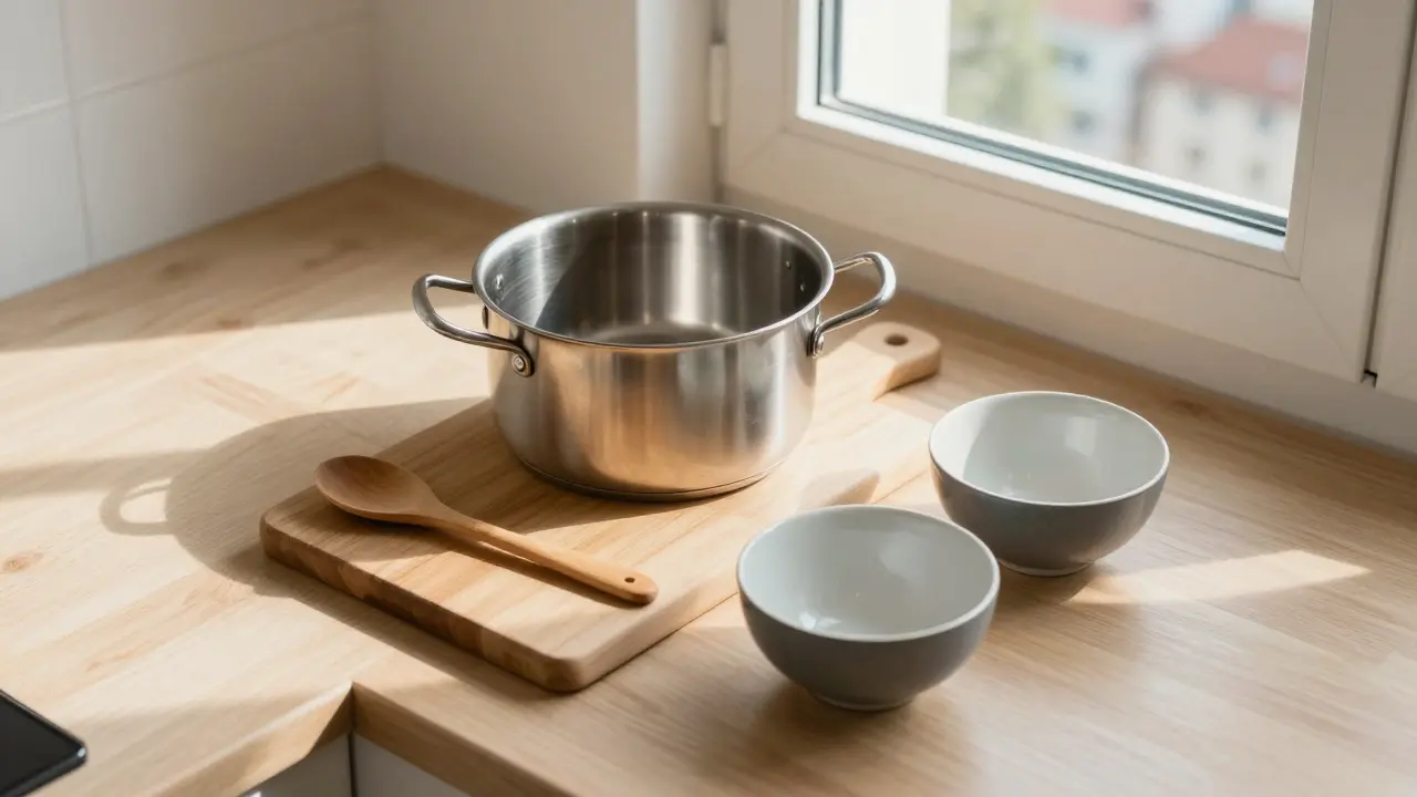 Clean Czech kitchen with one pot, two bowls, and a wooden spoon—no clutter, only essential, functional items.