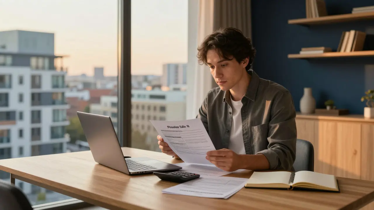 Člověk přezkoumává dokumenty pro prodej nemovitosti