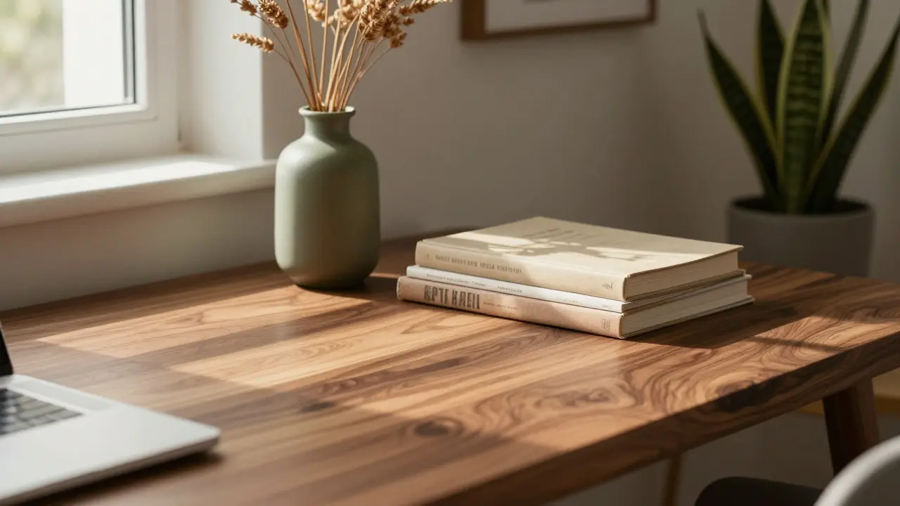 Detail dřevěného stolu s květinou a denním světlem