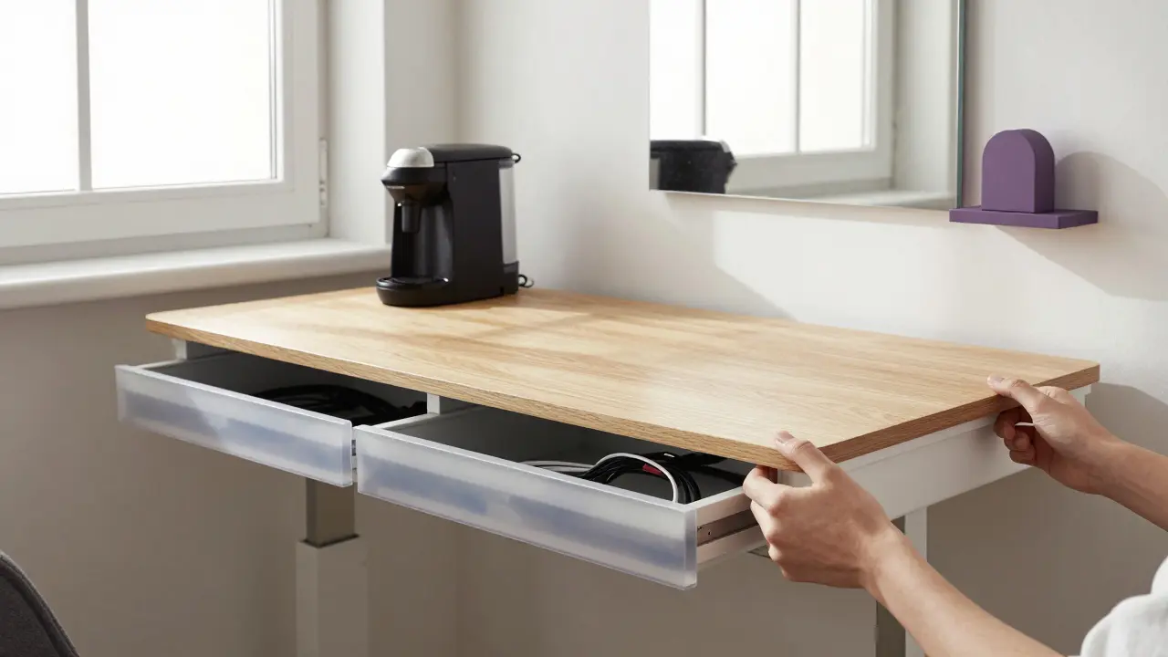 Detail vestavěného sezení u okna s výškově regulovatelnou deskou a skrytými zásuvkami pro kabely a kávový stroj.