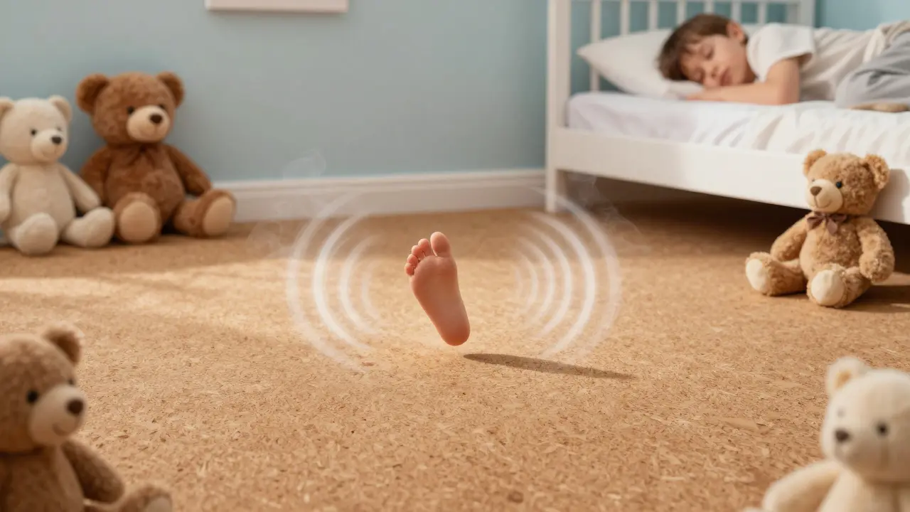 Dítě spí na korkové podlaze, zvuk kroků se v ní tlmí, okolí je klidné a bezpečné.