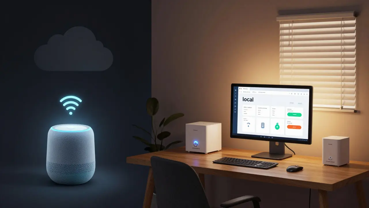 Dvě části domu: levá strana bez internetu a nečinná, pravá strana s aktivními chytrými systémy a ovládáním.