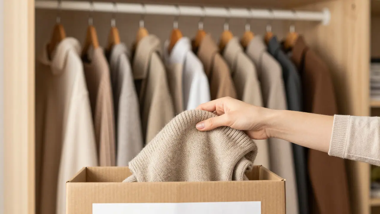 Hand placing a sweater into a donation box beside a neatly organized capsule wardrobe with 12 carefully chosen garments.
