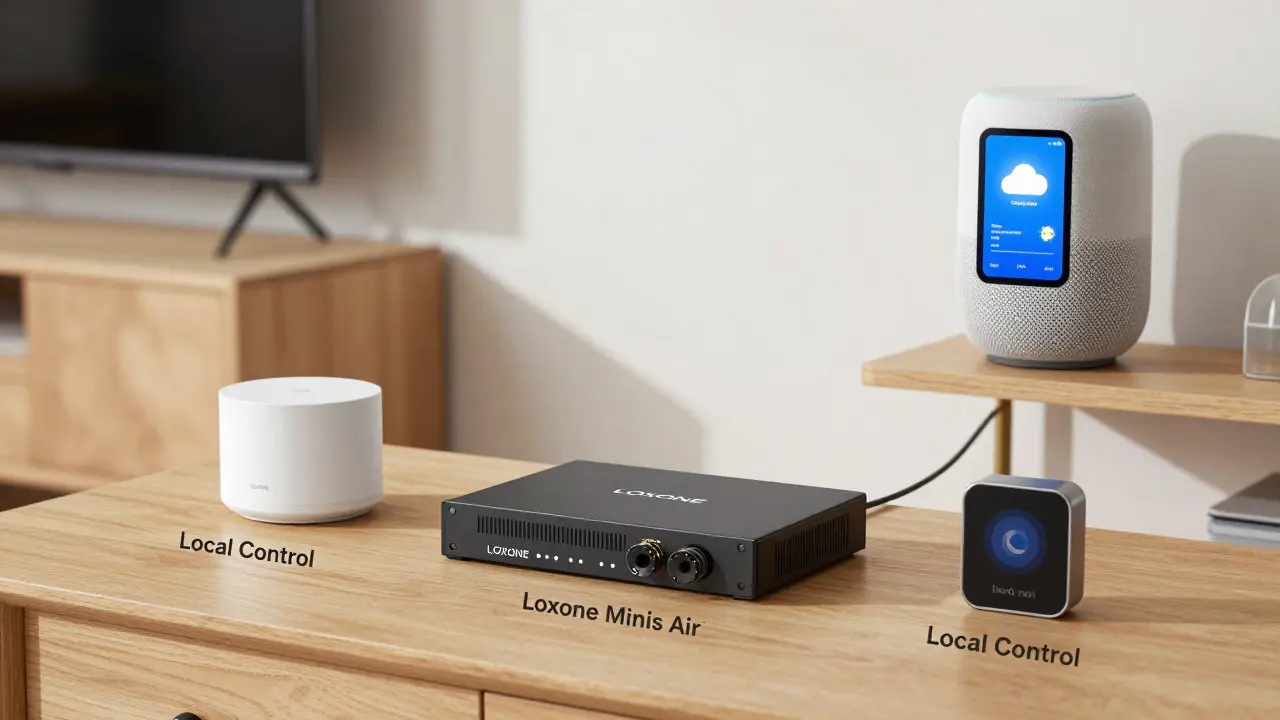 Hybridní chytrý dům s lokálním centrem a cloudovým asistentem, ukazující kombinaci nezávislosti a pohodlí.