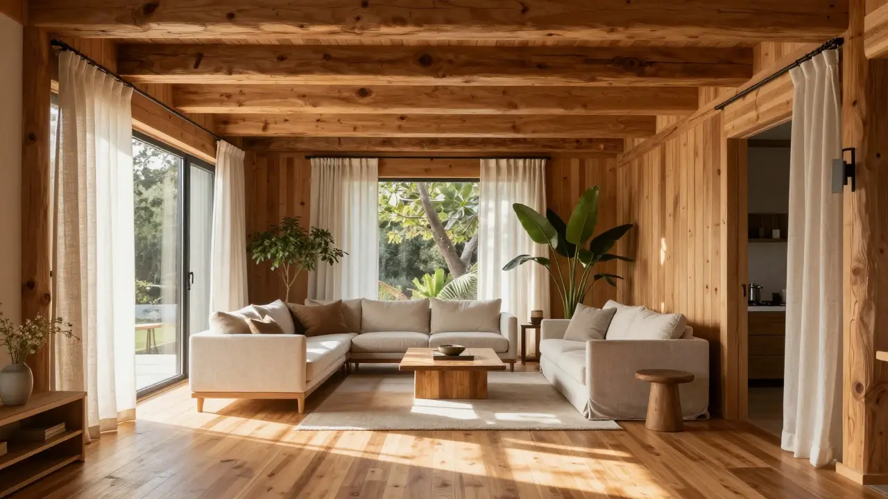 Interiérový pohled do obýváku s dřevěnou stěnou