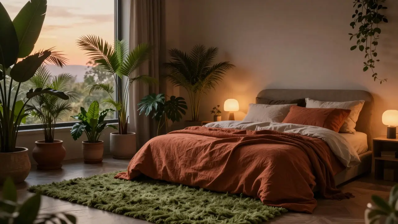 Klidná ložnice s přírodními materiály a zemité barvy