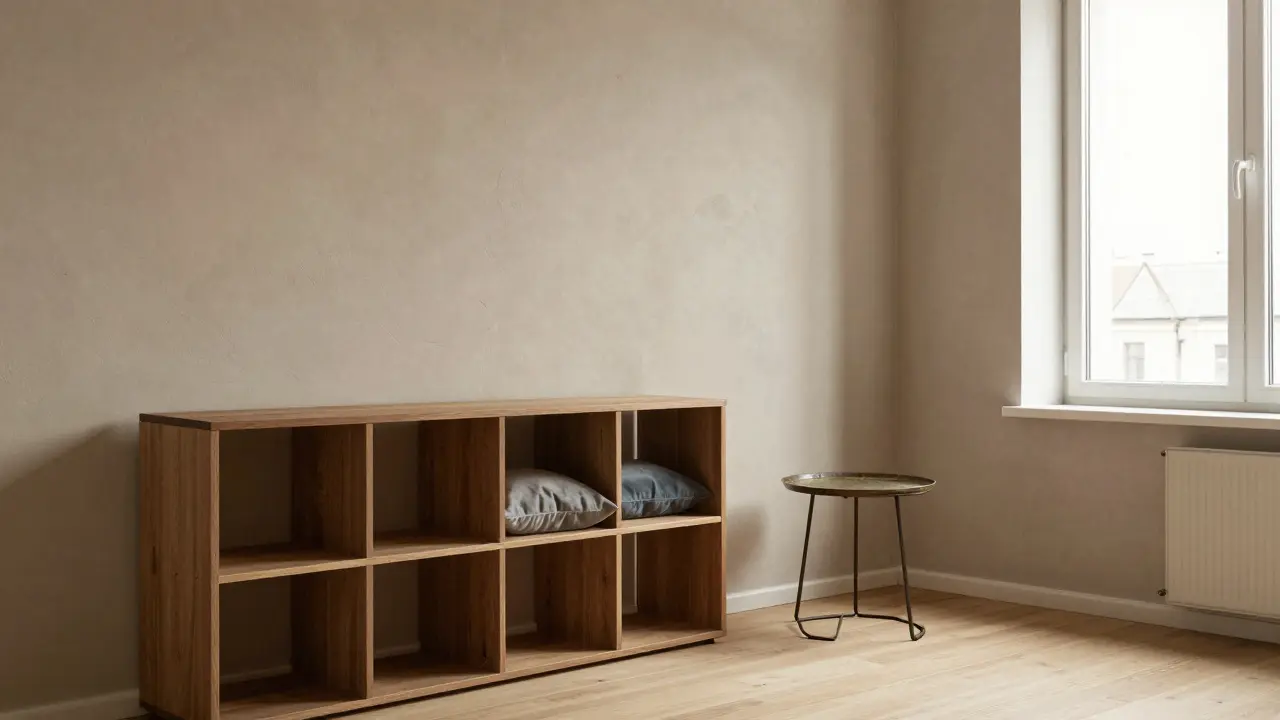 Kompaktní obývací prostor v teplém béžovém odstínu s texturami, zrcadlem a jedním akcentním kusem nábytku.