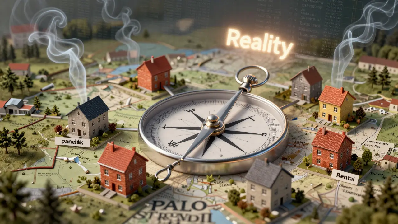 Kompas nad českou krajinnou mapou ukazující různé typy nemovitostí a historické transakce.