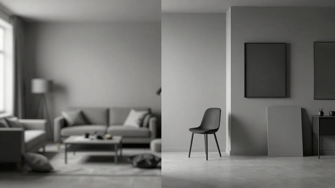 Konceptuální obrázek: chaos vícebarevného interiéru vlevo a harmonie jednobarevného vpravo s odrazem světla.