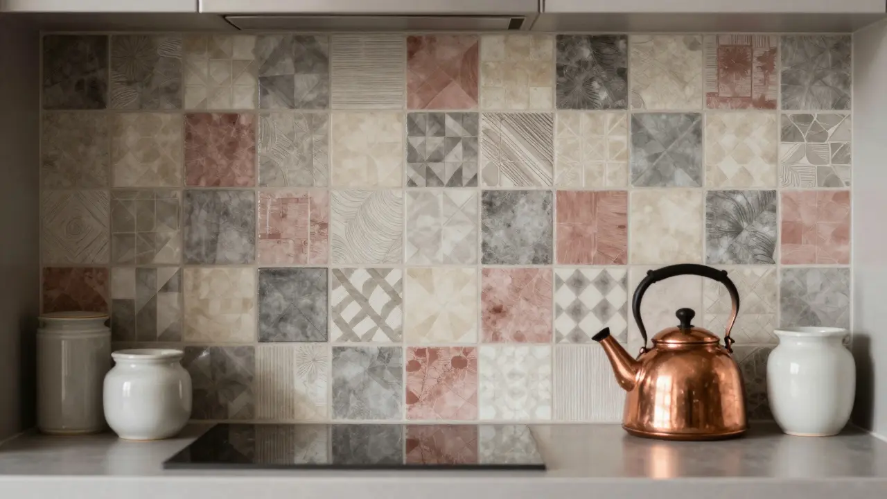 Kuchyňský základ s patchworkovými dlaždicemi v teplých odstínech šedi, krému a růžové.