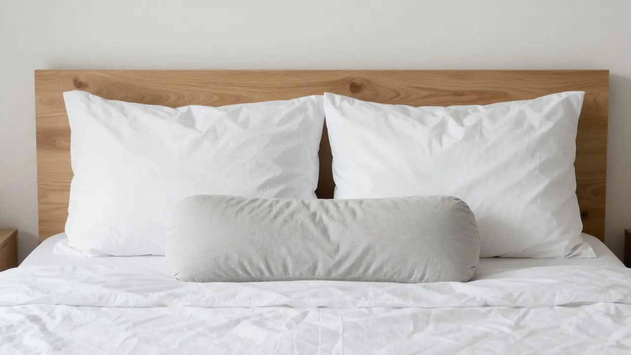 Minimální ložnice s bílými a šedými polštáři na posteli podél dřevěné hlavičky.