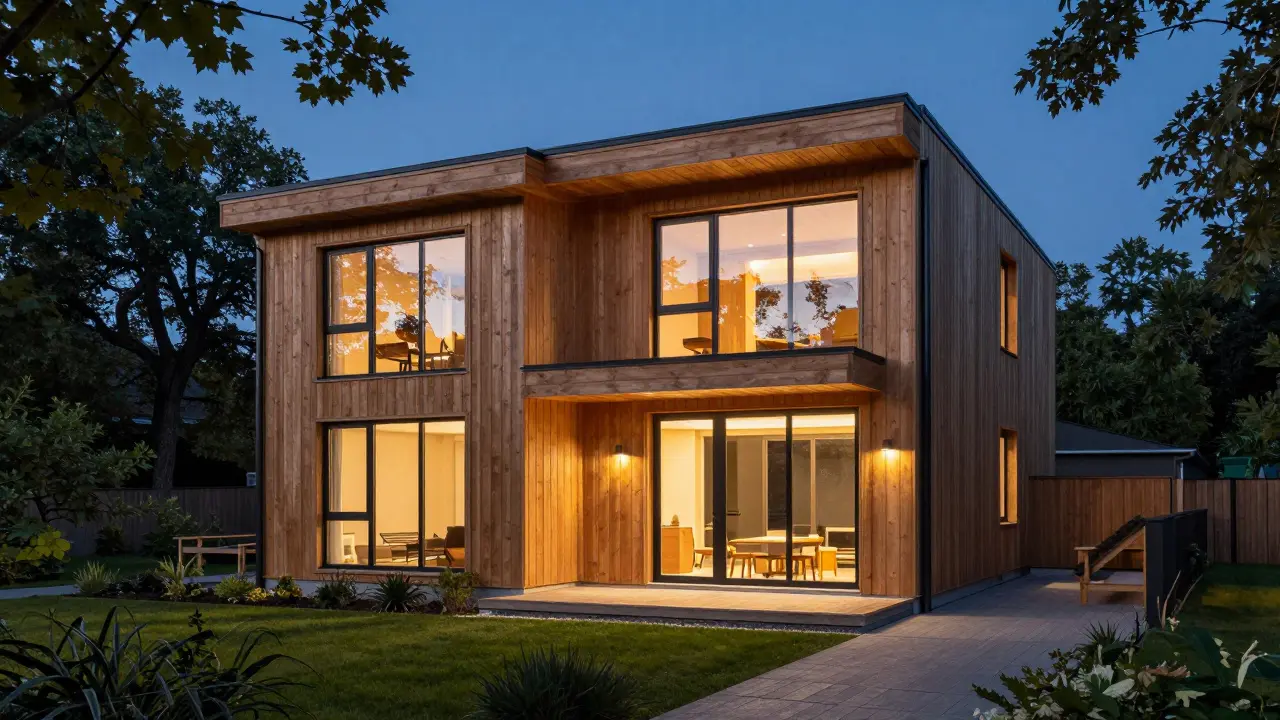 Moderní dřevostavba s rozsvícenými okny v soumraku