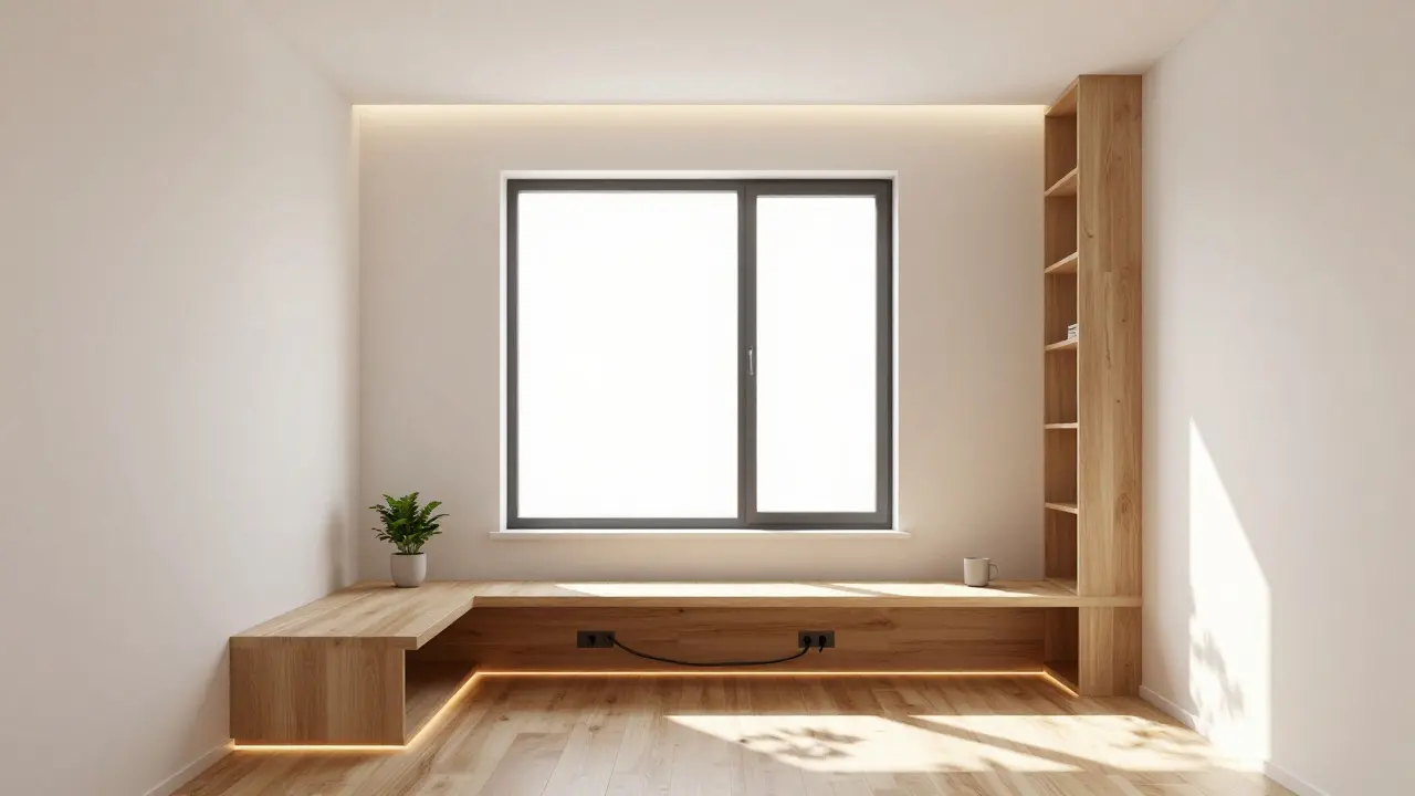 Moderní vestavěná pracovní zóna u okna s LED osvětlením, zrcadlem a dřevěným povrchem v malé bytové jednotce.