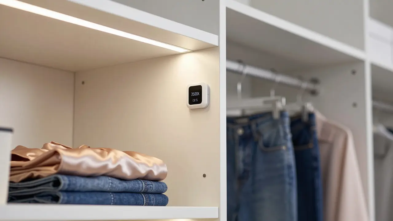 Motion-activated LED strip inside closet door, revealing true colors of folded clothing.