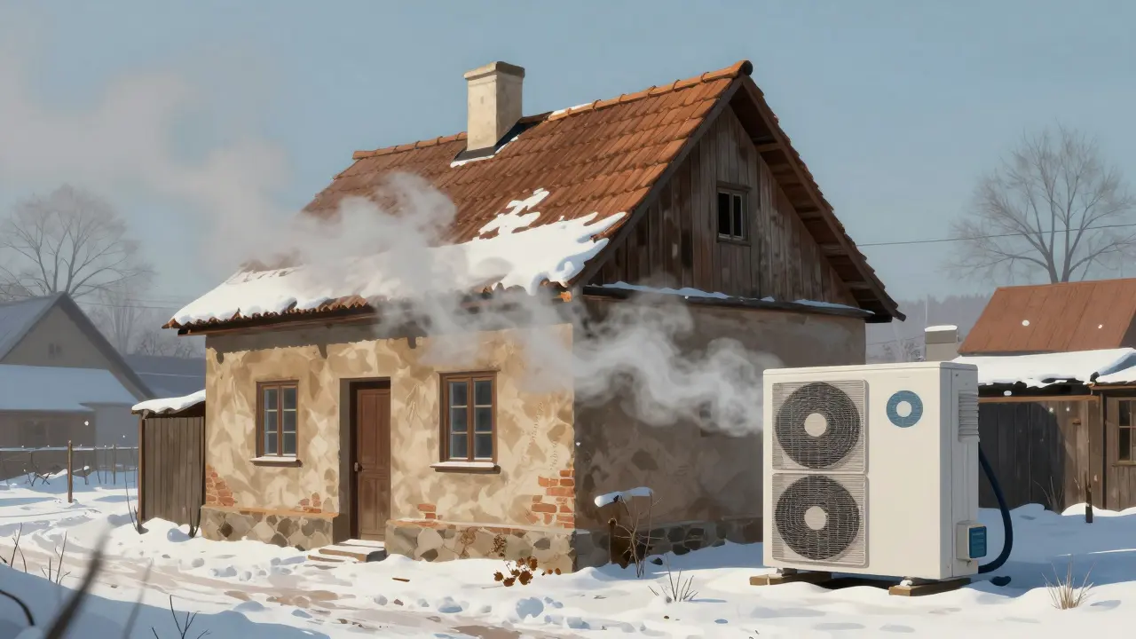 Old Czech house losing heat as mist, next to efficient heat pump, cold blues contrast warm interior glow.