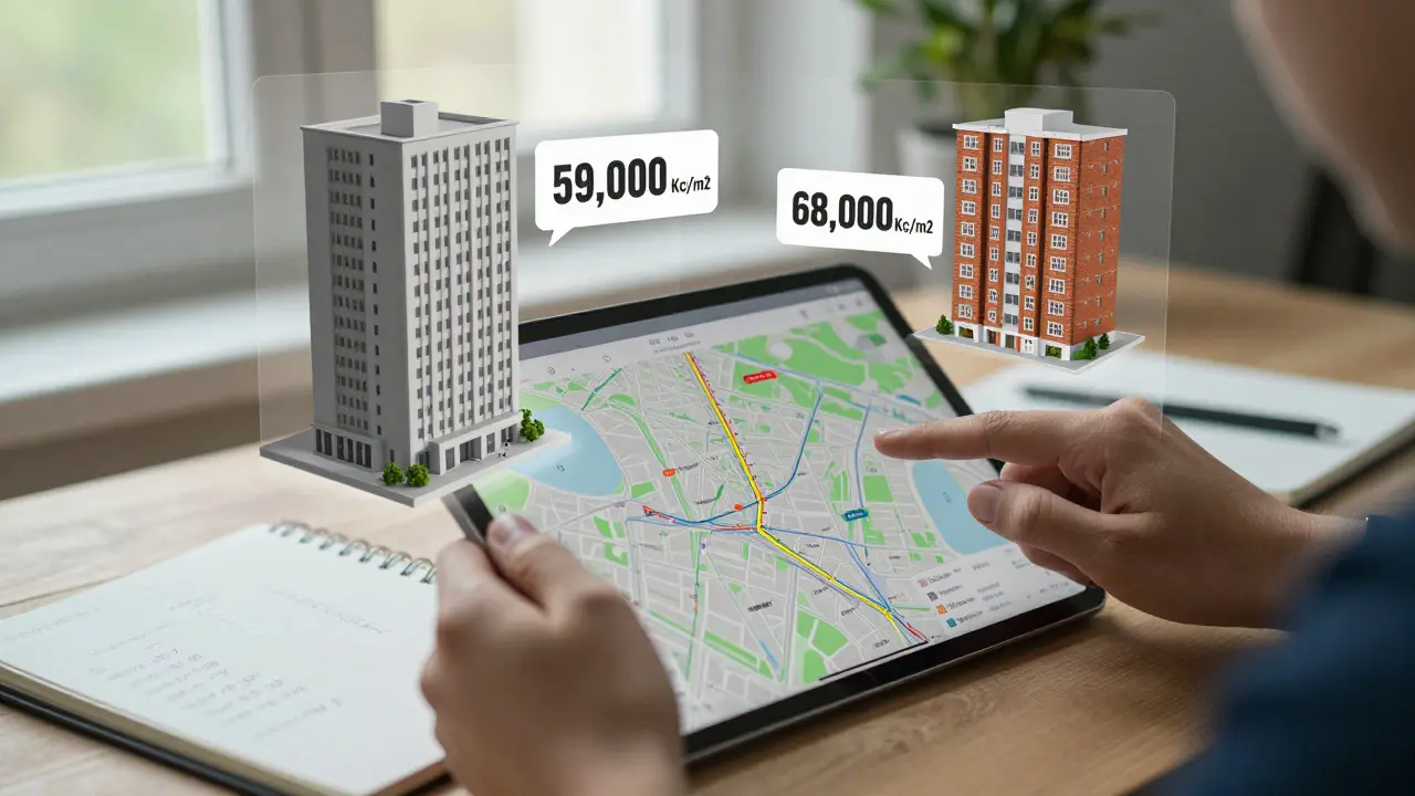 Osoba analyzuje cenovou mapu nemovitostí na tabletu s porovnáním cen paneláku a cihlového domu.