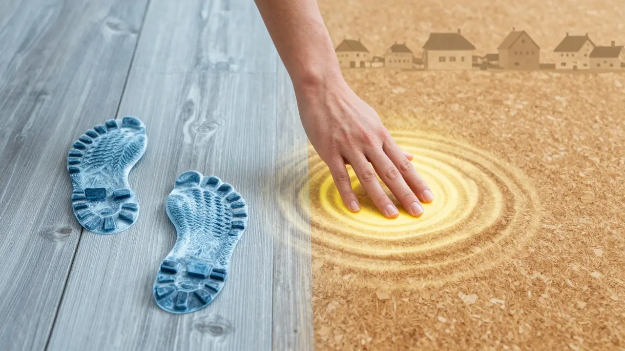 Porovnání dřevěné a korkové podlahy: vlevo chladné a hlukové, vpravo teplé a tiché.