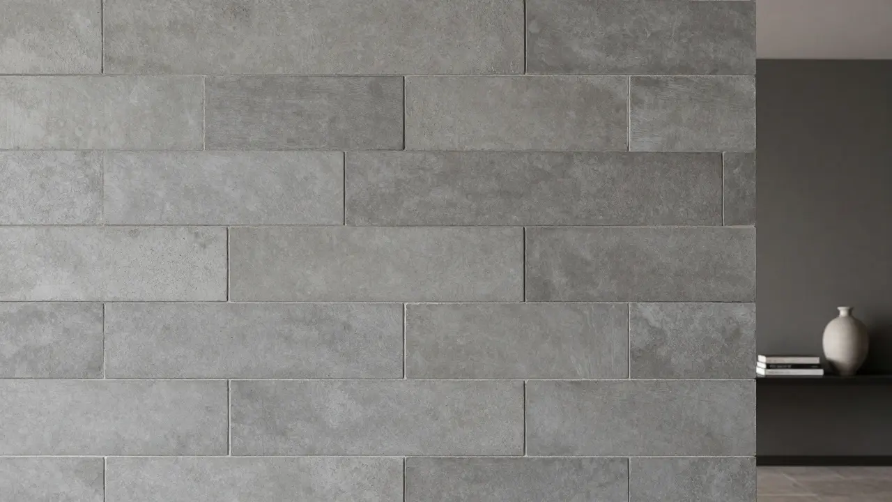 Přesně položené dlaždice RAKO s téměř neviditelnými spárami ve stylu betonu na akcentní stěně.