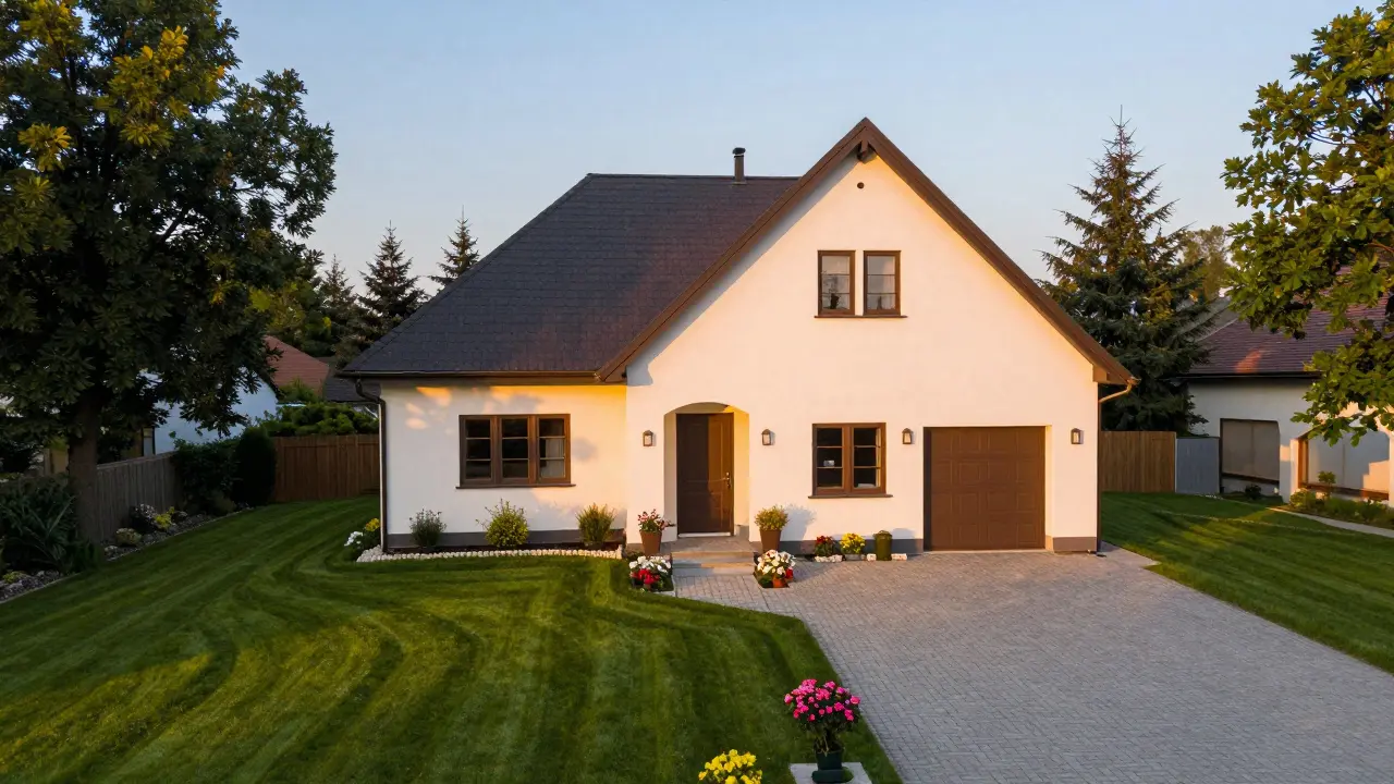 Profesionální fotografie českého domu s upraveným vstupem, trávníkem a květinami v záři západu.