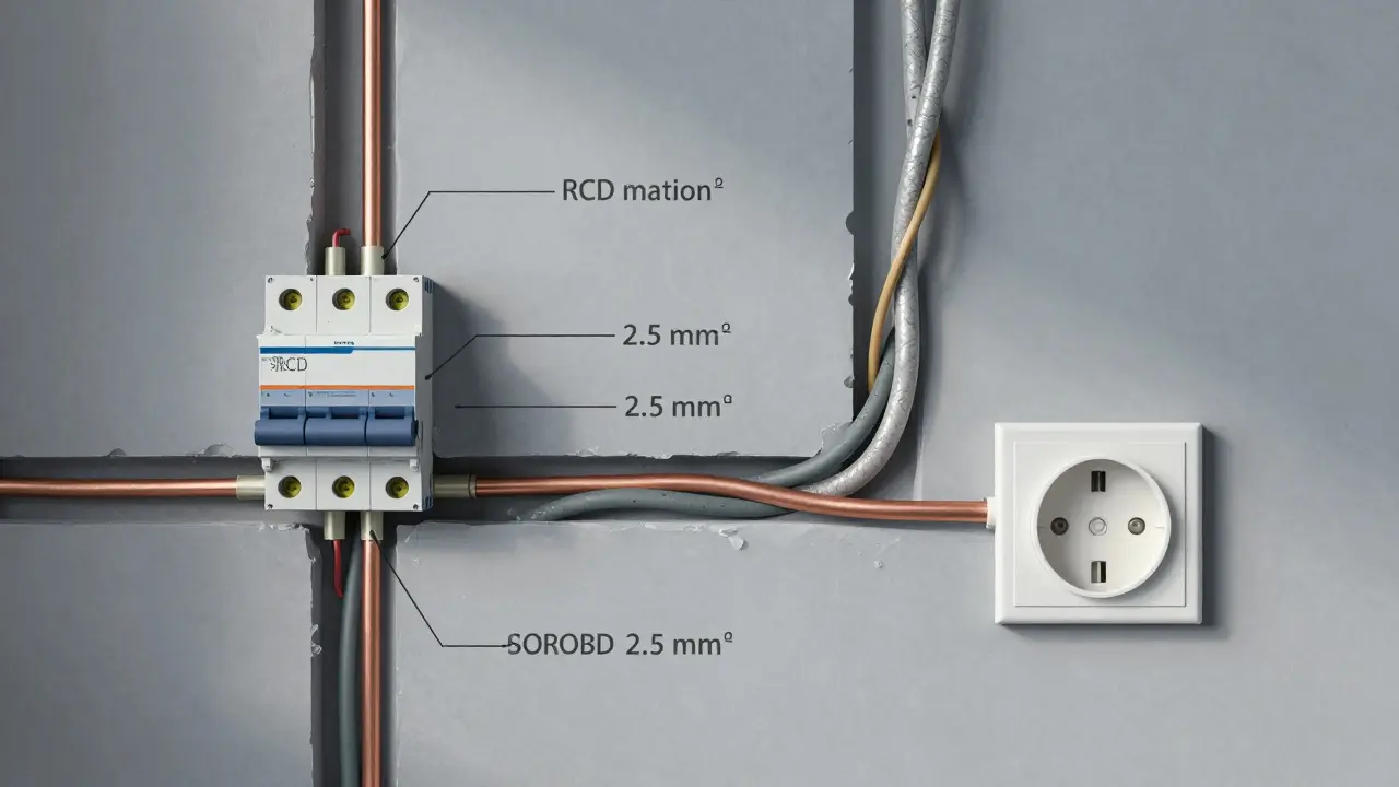 Průřez stěny ložnice s kabeláží: měděné vodiče v trubce, RCD a jistič, v porovnání s starým hliníkovým vedením.
