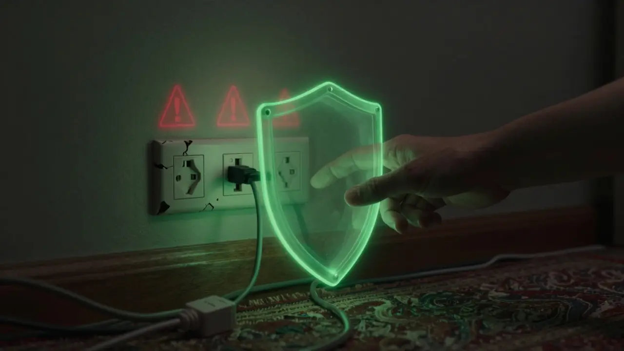 Ruka při zasouvání zástrčky do USB zásuvky, chráněná zeleným štítem, zatímco za ní se objevují varovné značky starých zásuvek.