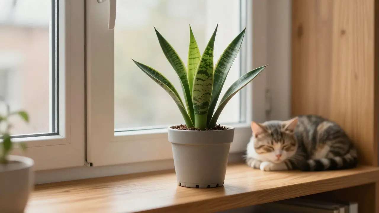 Sansevieria na poličce v bytě s kočkou, která klidně spí poblíž, bez příznaků poškození listů.