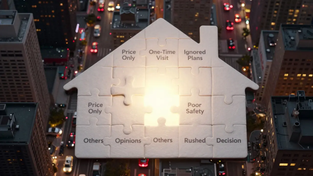 Sestava skládačky s chybějícími kousky reprezentujícími chyby při výběru bydlení.