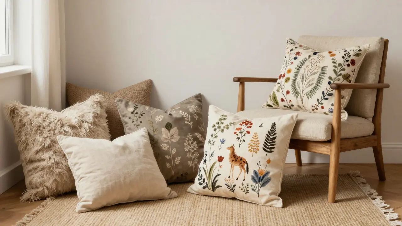 Smíšené polštáře s přírodními vzory a texturami v boho stylu v českém interiéru.