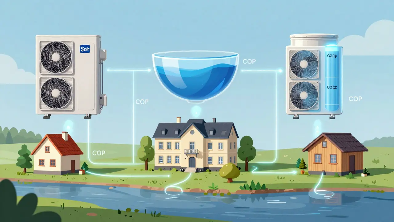 Three heat pump types visualized as vessels above different homes, glowing COP values floating in air.