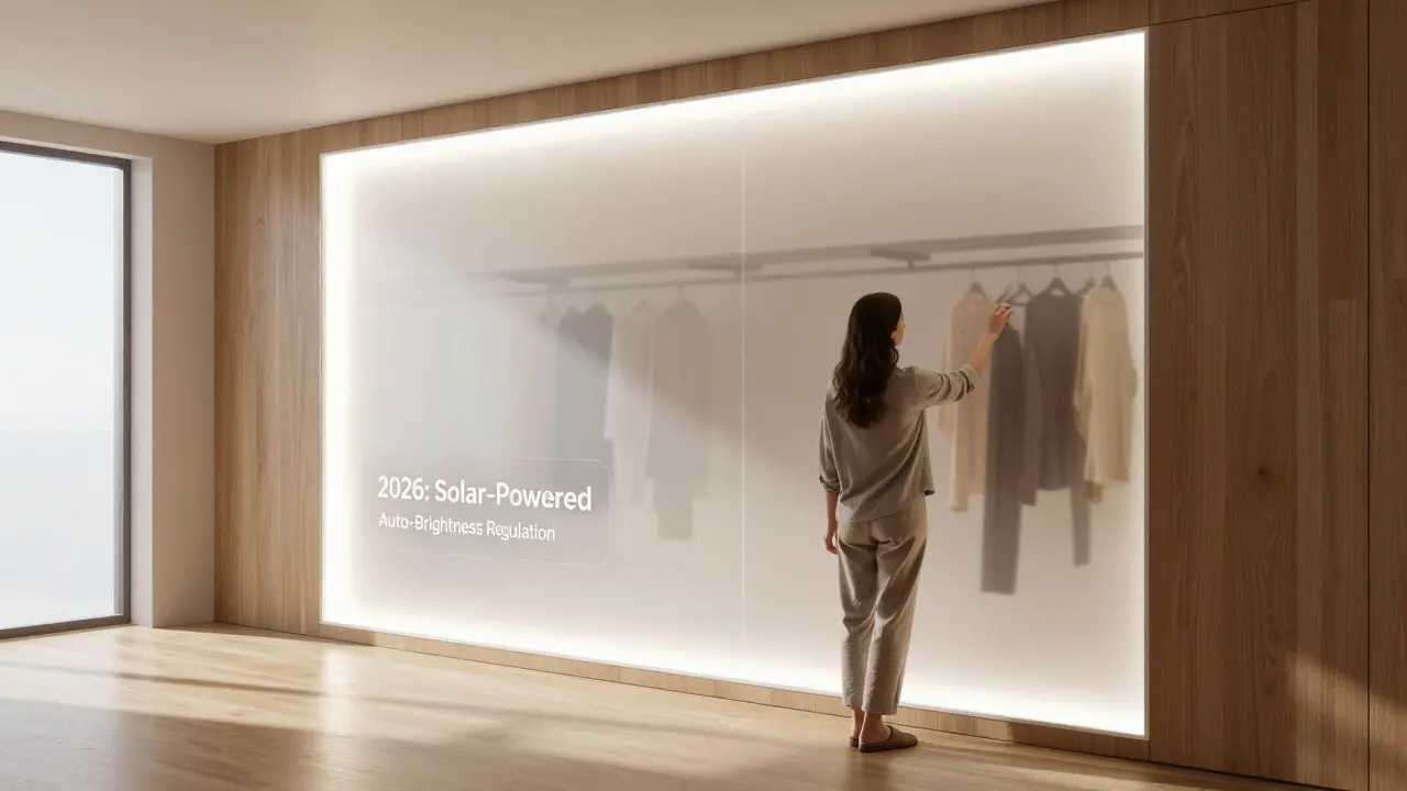 Ultra-thin OLED panel lighting entire closet wall, mimicking natural daylight, futuristic design.