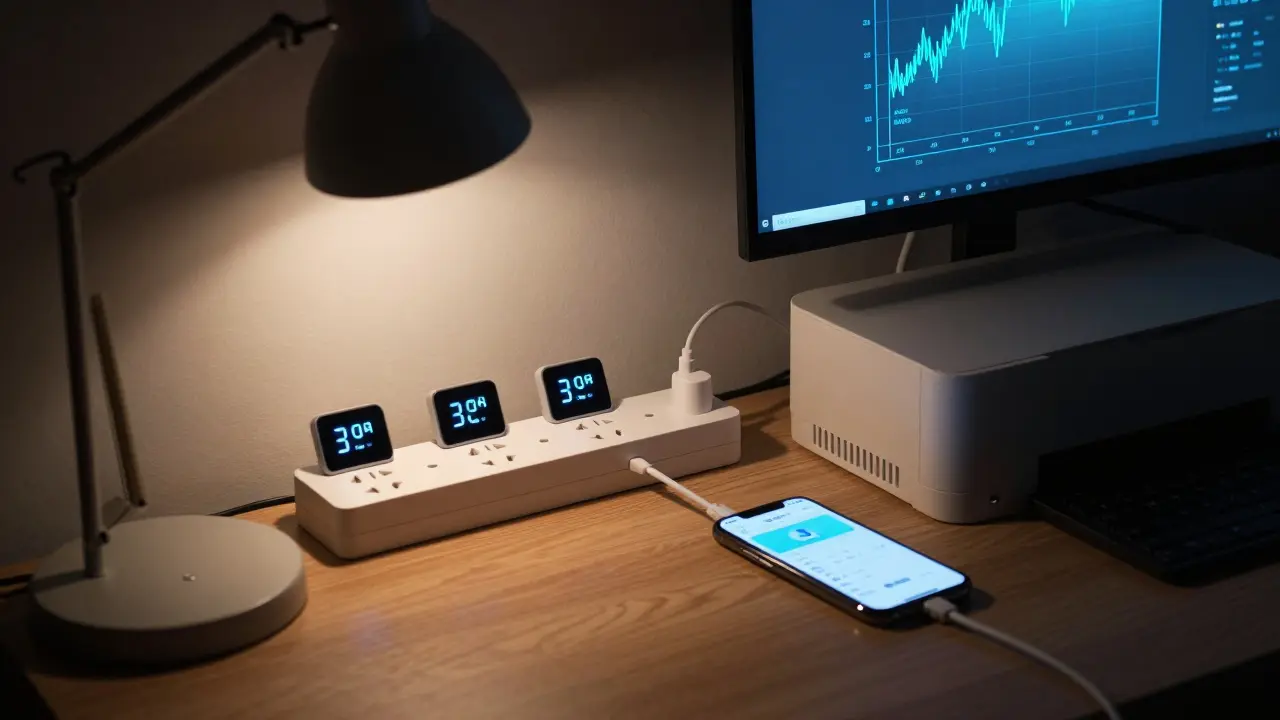 V kanceláři tři chytré zásuvky ukazují reálnou spotřebu počítače, monitoru a tiskárny v noci.