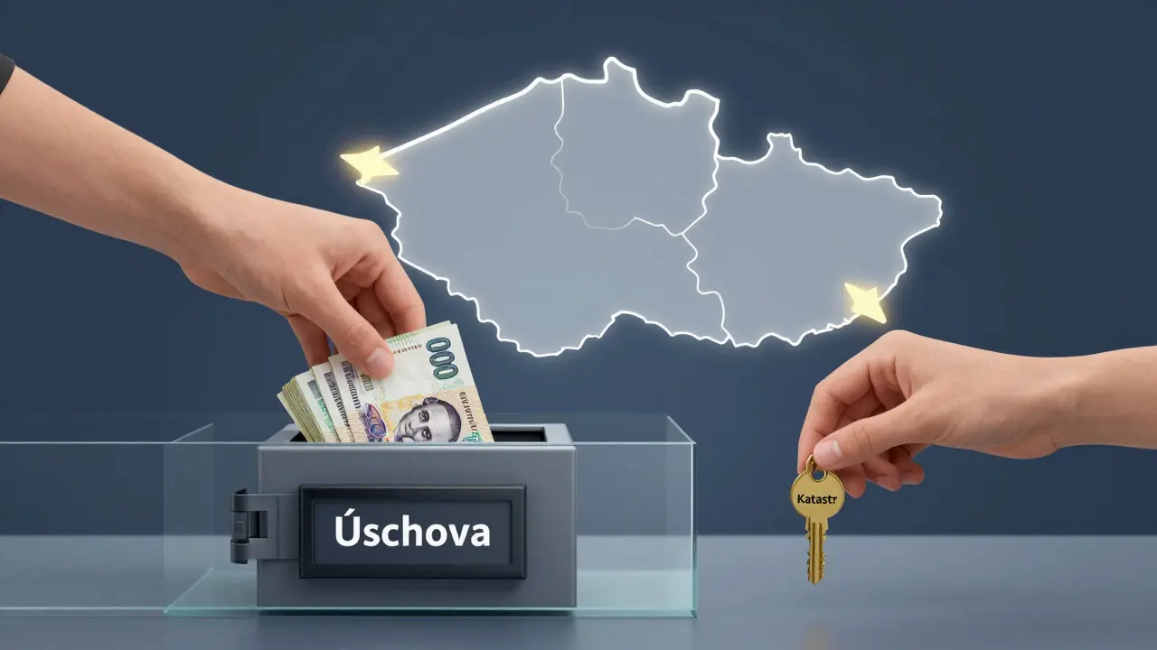 Zabezpečený převod peněz do úschovy s klíčem k katastrálnímu zápisu v České republice.