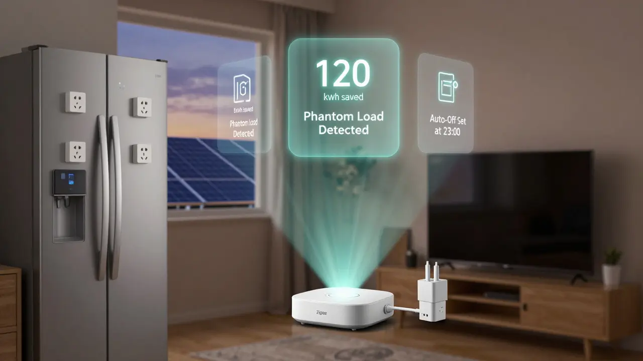 Zigbee brána propojuje chytré zásuvky s datovými paneli ukazujícími úspory energie v domácnosti.