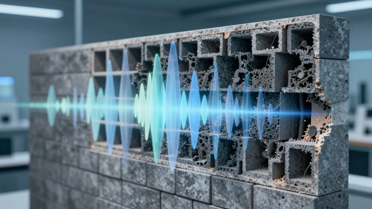 3D vizualizace vnitřní struktury akustické tvárnice pohlcující zvukové vlny.