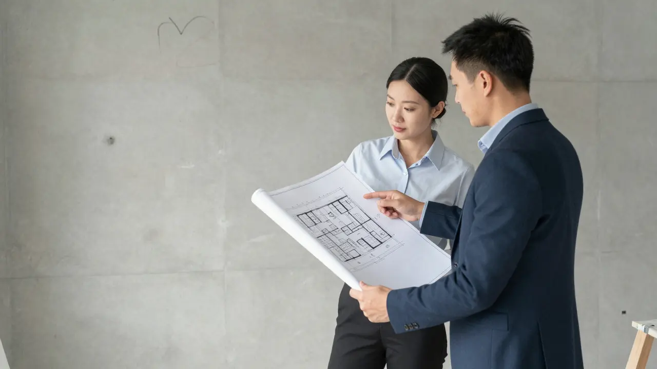 Architekt s klientem konzultují projektovou dokumentaci v prostoru k rekonstrukci