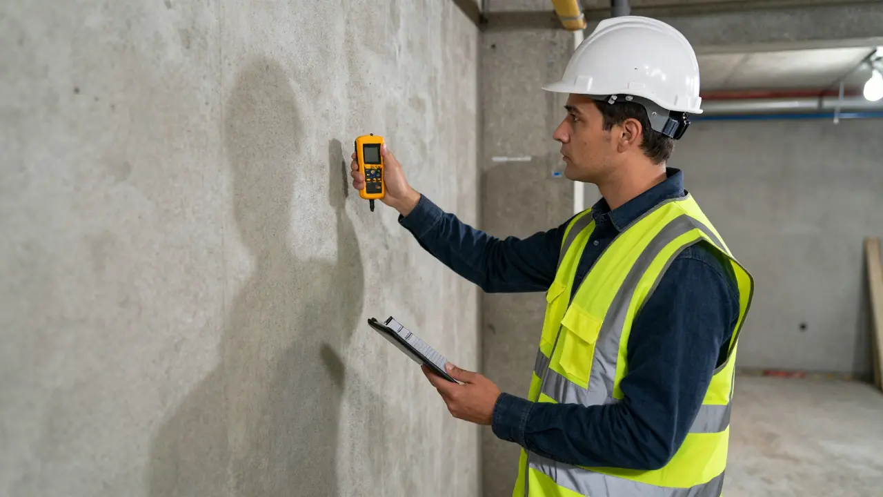 Certifikovaný inspektor měřící vlhkost stěny v suterénu pomocí digitálního přístroje.