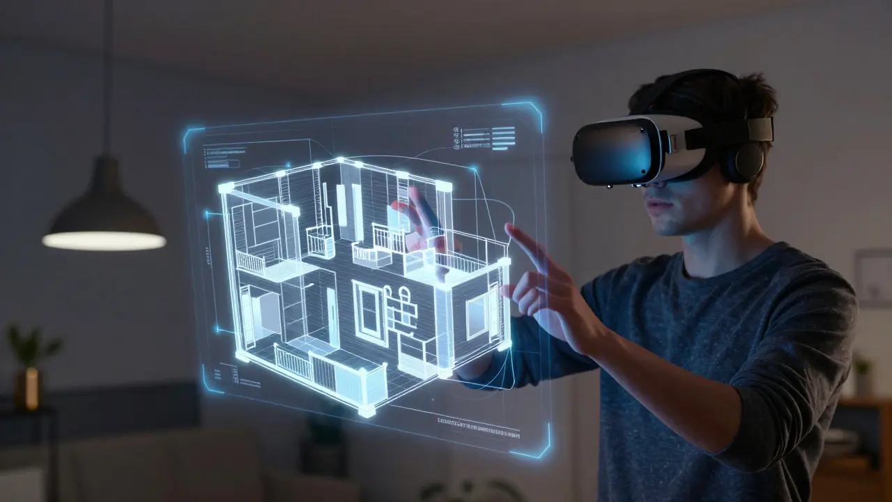 Člověk v VR brýlích plánuje dispozici malého bytu pomocí 3D modelu.