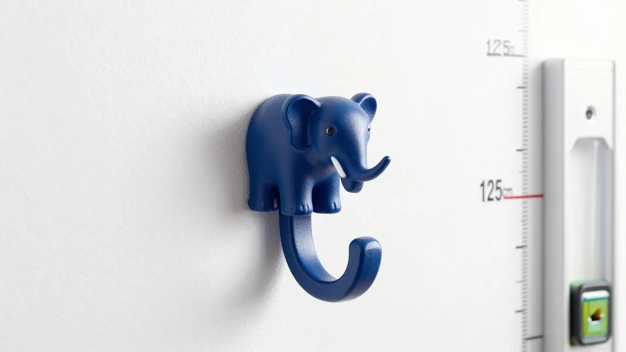 Detail bezpečnostního dětského háčku s měřítkem výšky instalace.