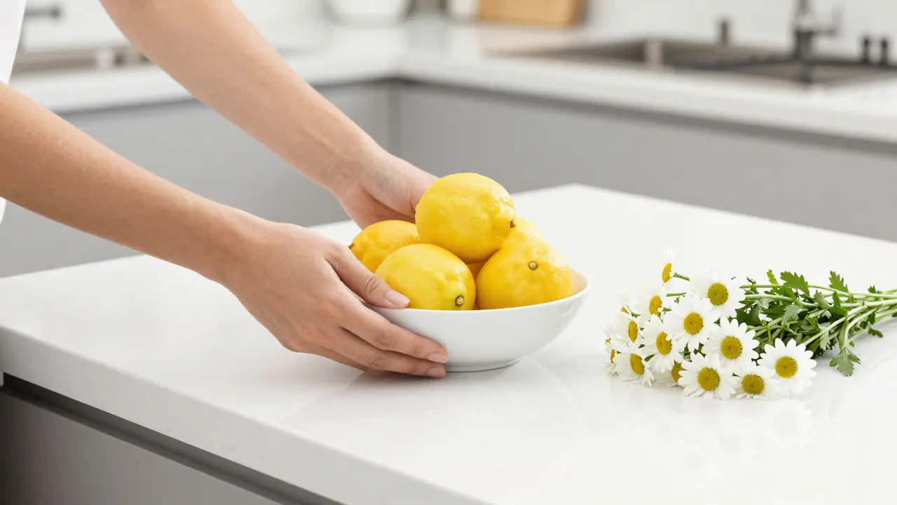 Detail čisté kuchyňské linky s čerstvými květinami a citrusy.