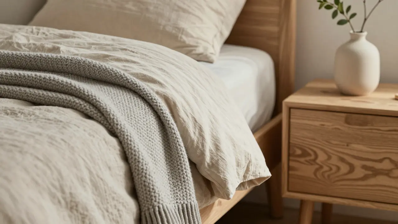 Detail lněného povlečení, vlněné přikrývky a dřevěného nočního stolku.