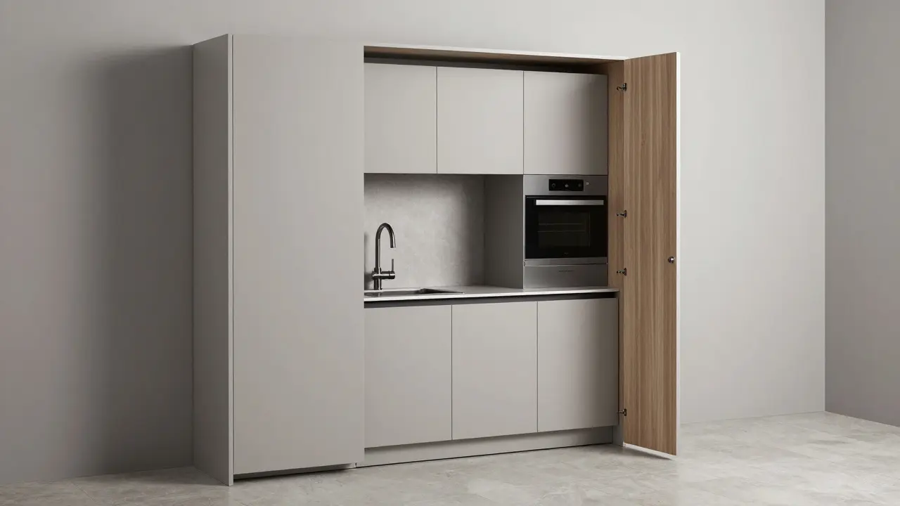 Detail multifunkčního nábytku, který se proměňuje v kompaktní kuchyňskou linku.