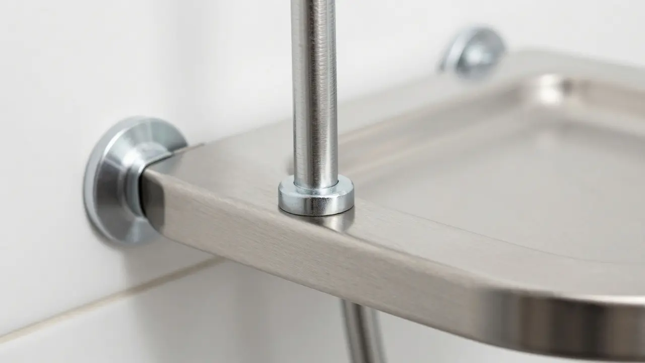 Detail nerezového uchycení sprchového sedátka na stěně