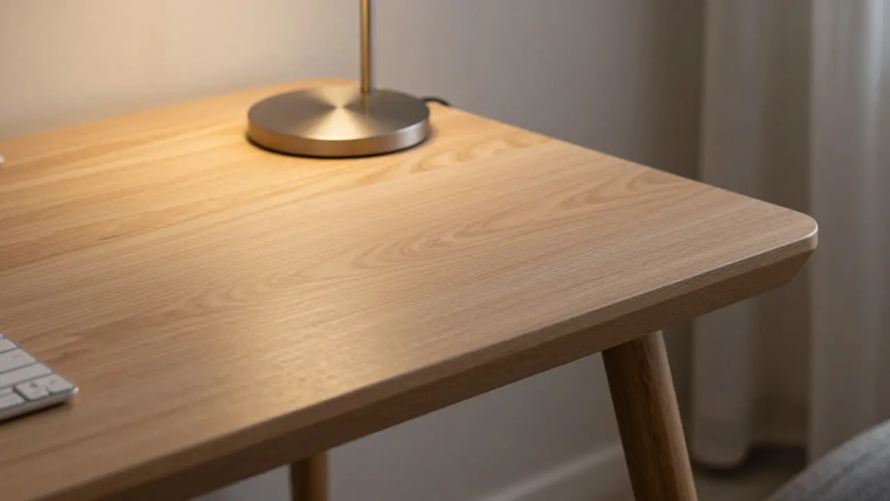 Detail světlého bukového stolního povrchu s moderní lampou a matními doplňky.