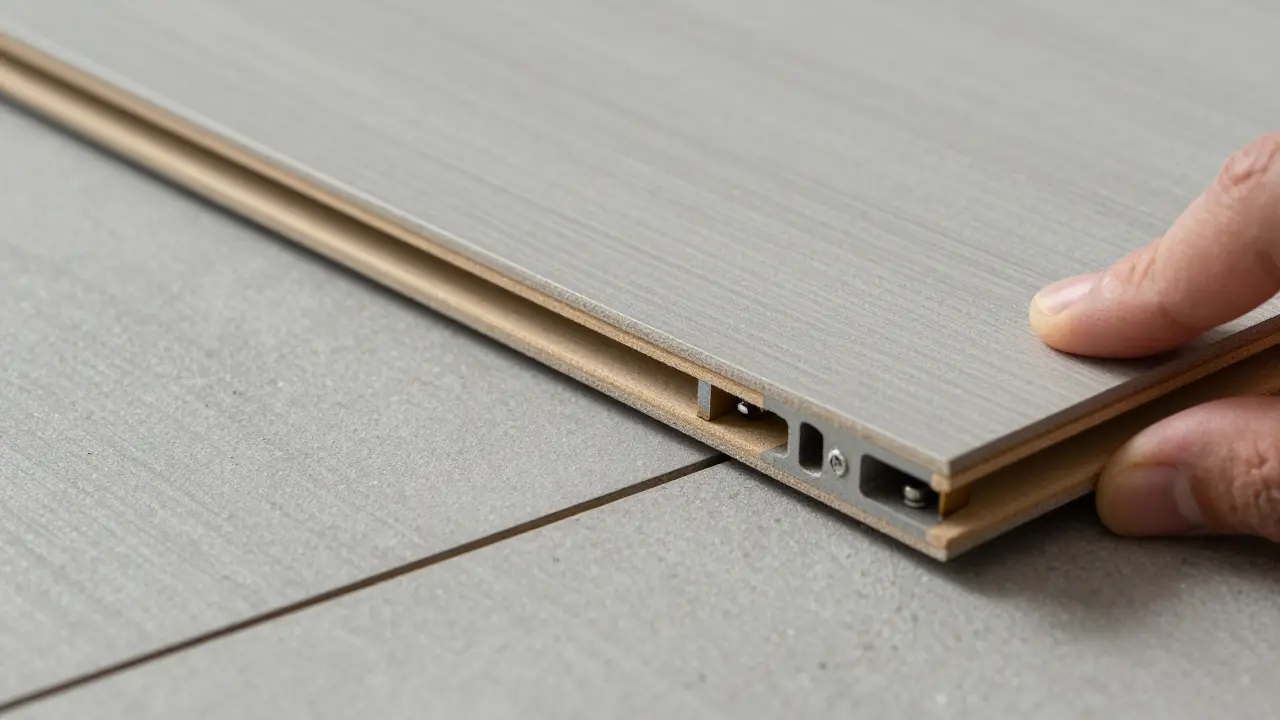 Detail zámkového systému vinylové podlahy v betonovém designu při pokládce.