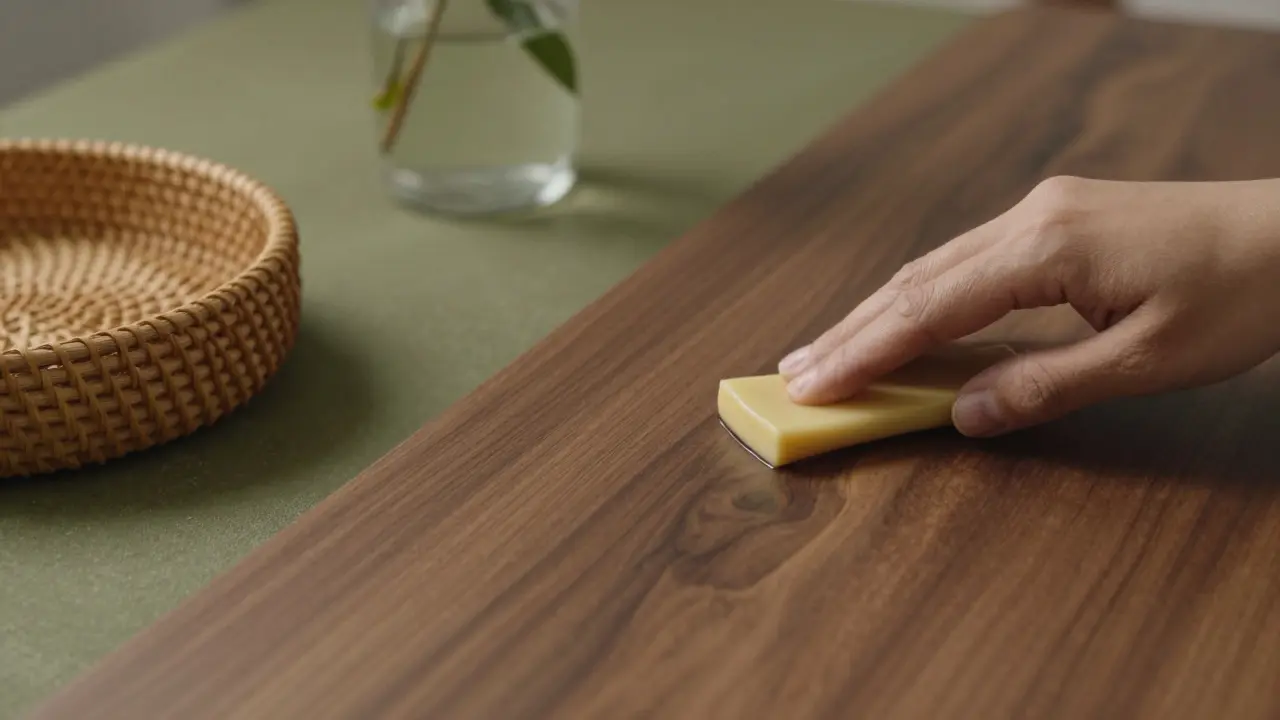 Detailní pohled na vracení lesku do vlašského ořechového stolu s přírodními doplňky.