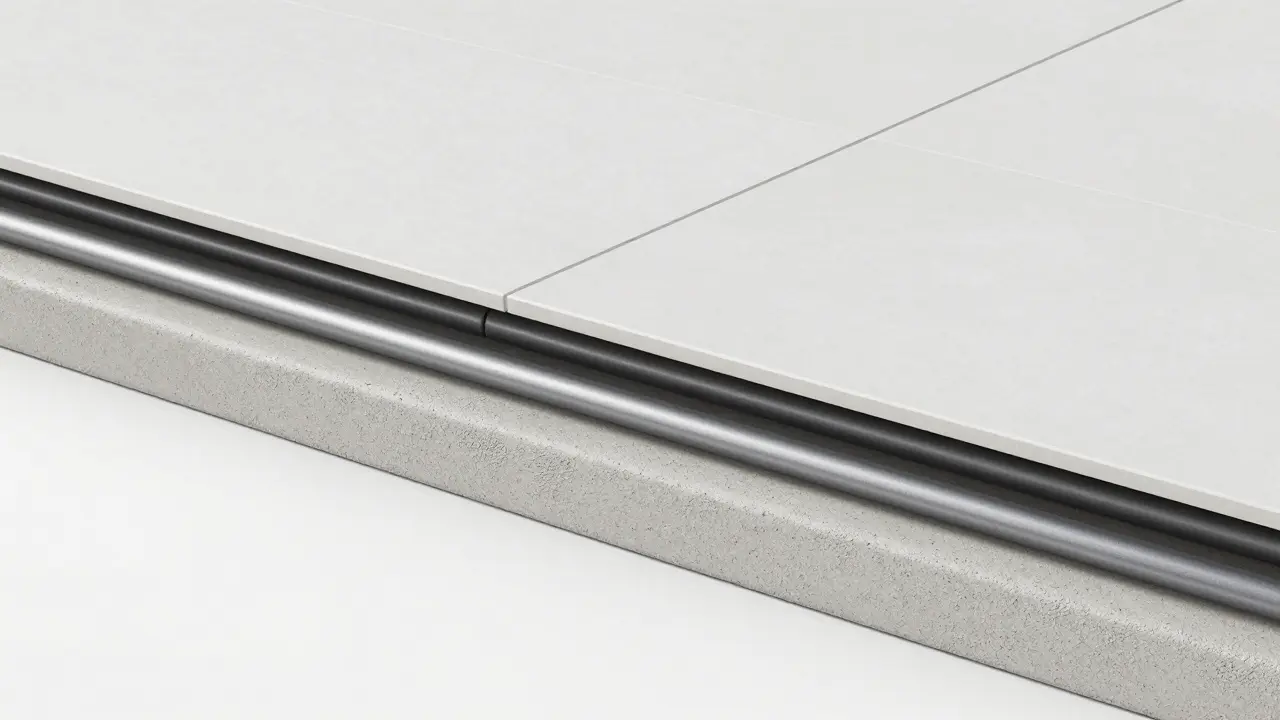 Detailní řez skladby podlahy s podlahovým topením a anhydritovým potěrem.