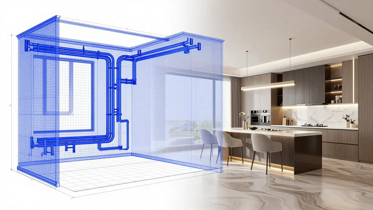 Digitální BIM model interiéru vedle hotového 3D vizualizace