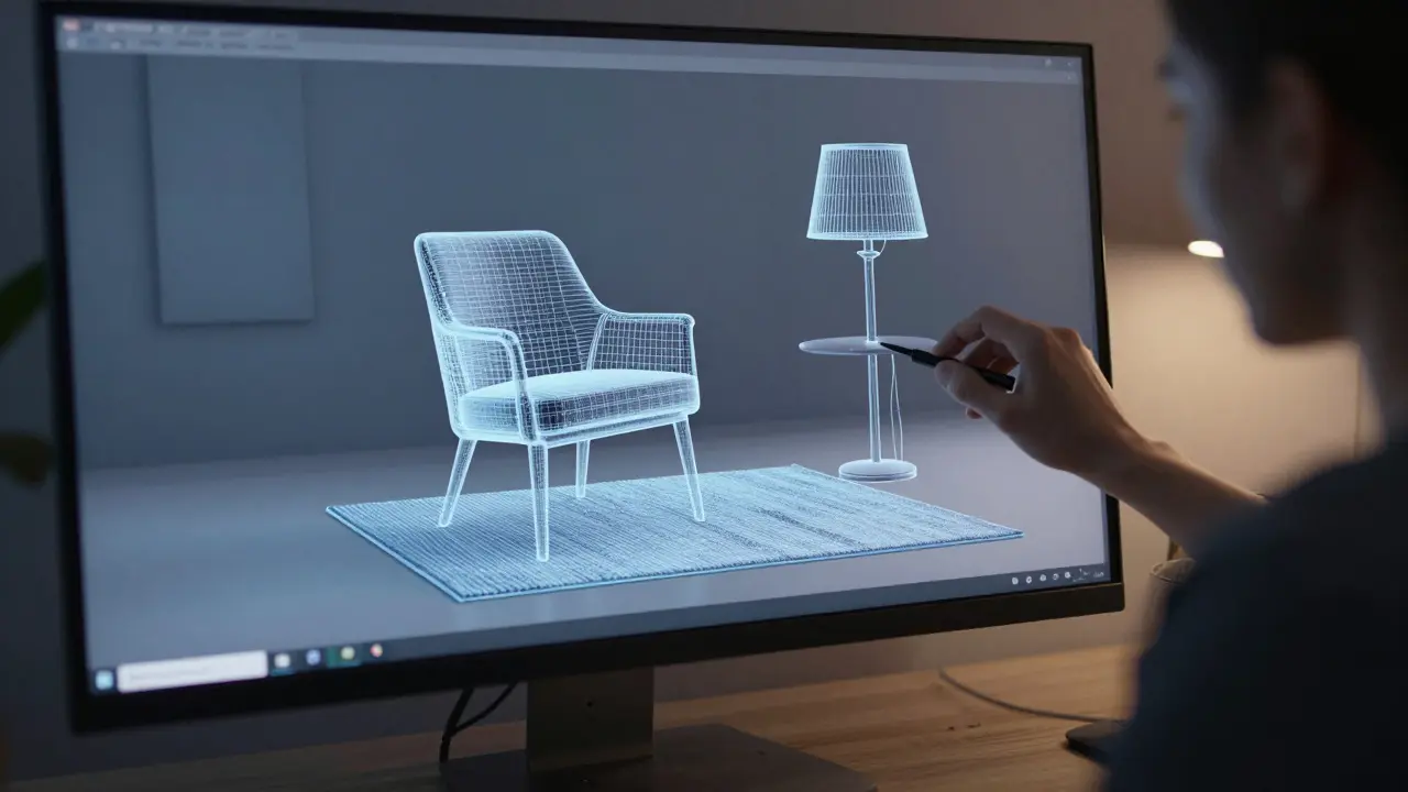 Digitální proces vkládání 3D nábytku do fotografie prázdné místnosti.