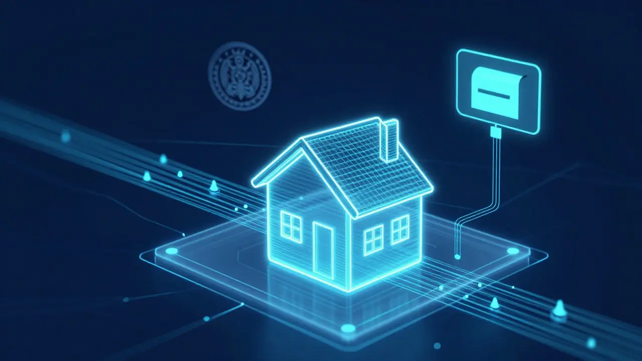 Digitální vizualizace propojení nemovitosti s datovou schránkou a finančním úřadem.