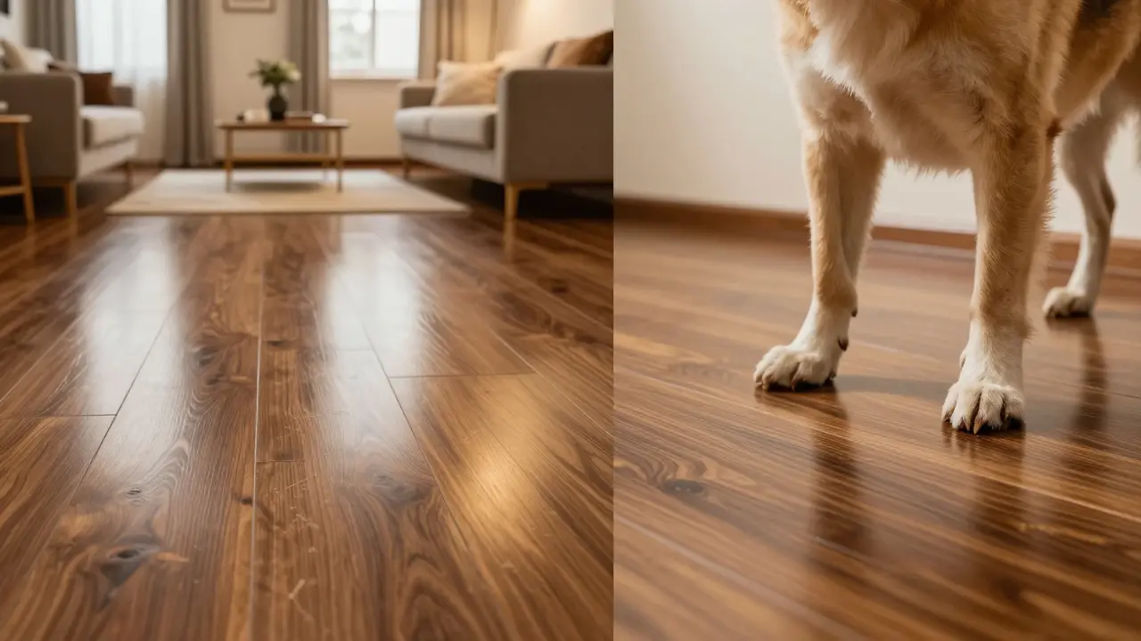 Elegantní vinylová podlaha v obývacím pokoji s detailem tlapky psa pro odolnost.